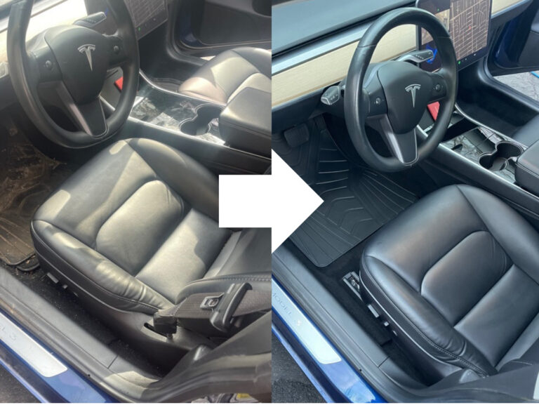 Tesla car interior before and after cleaning.